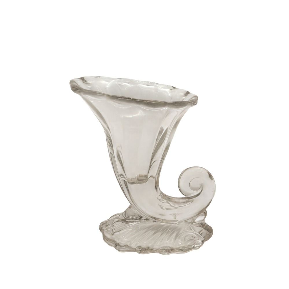 Vintage Clear Pressed Glass Cornucopia Vase Horn of Plenty Scalloped Shell Base